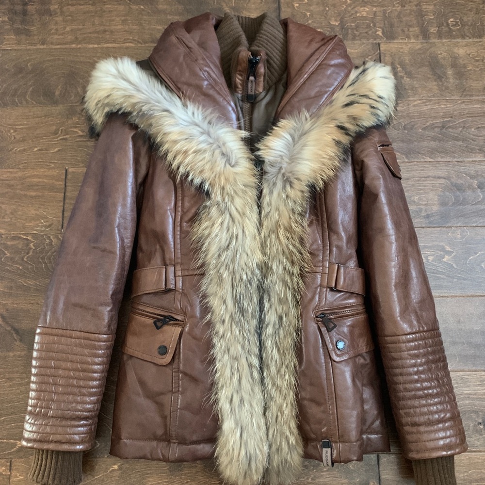 Rudsak Hooded Fur Trim Leather Coat